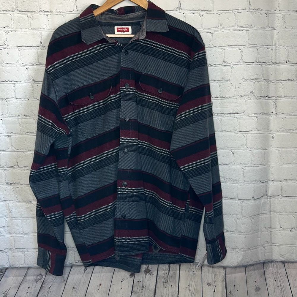 Wrangler Flannel Black Gray‎ Red Stripe Long Sleeve Shirt Mens Size XL XLarge